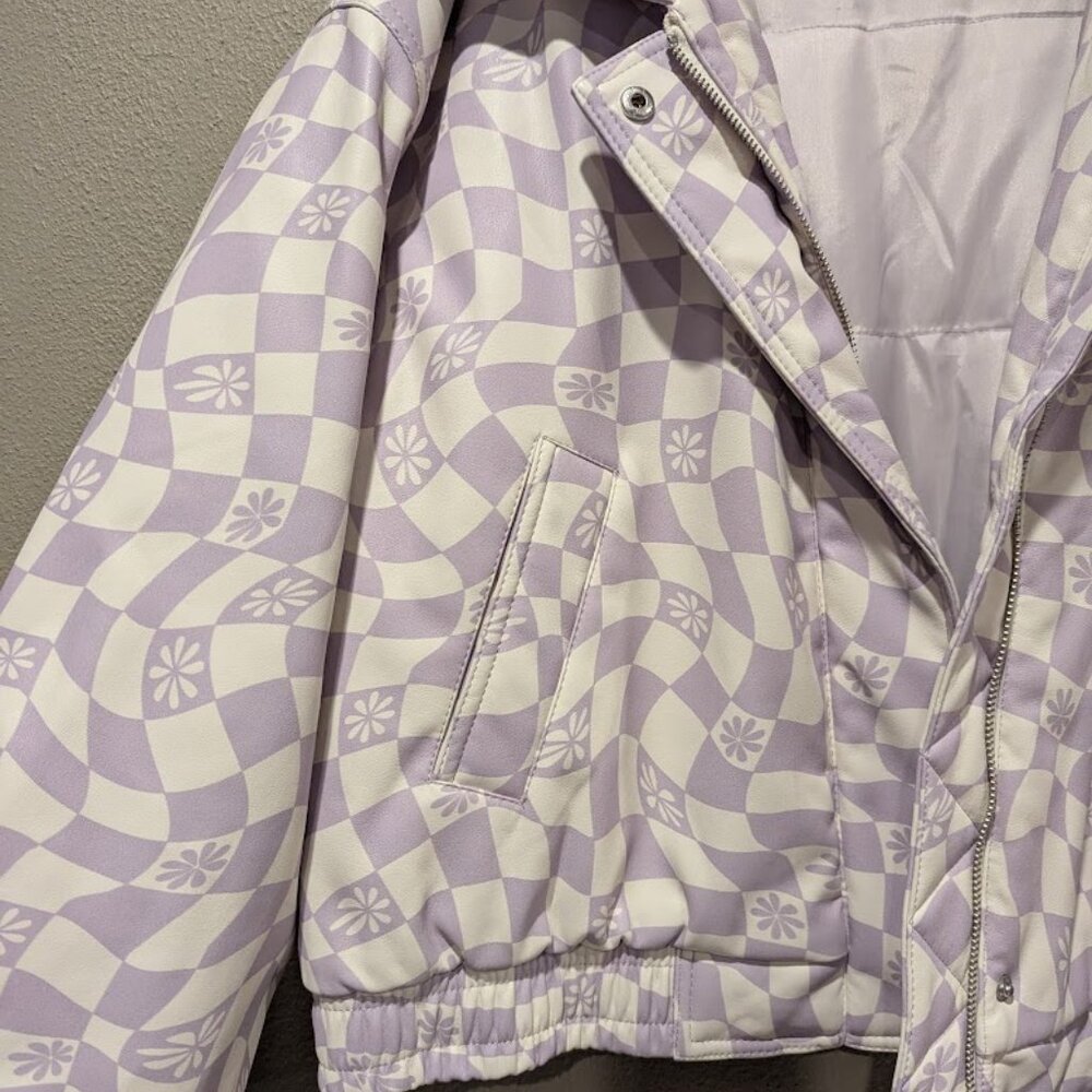 NWT- ASOS * Printed Faux Leather Bomber Jacket in Lilac * Size 12 - Picture 6 of 13